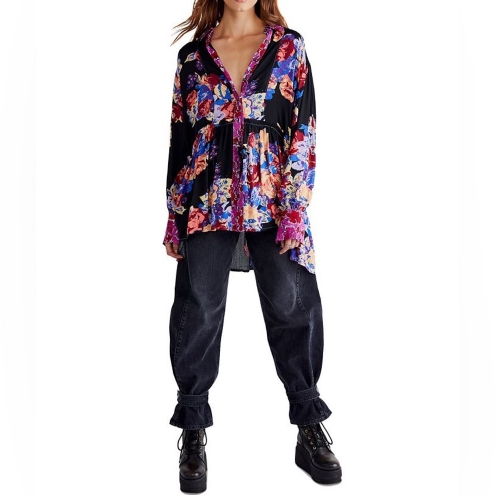 Free People Tunic Black Floral Long Puff Sleeve Brunch A Bunch Boho Size Small